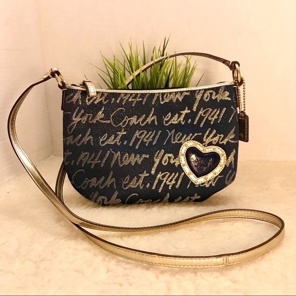 In Like-New COACH Poppy Signature Script Lurex Blue Gold Jacquard Leather Bag - Picture 13 of 14